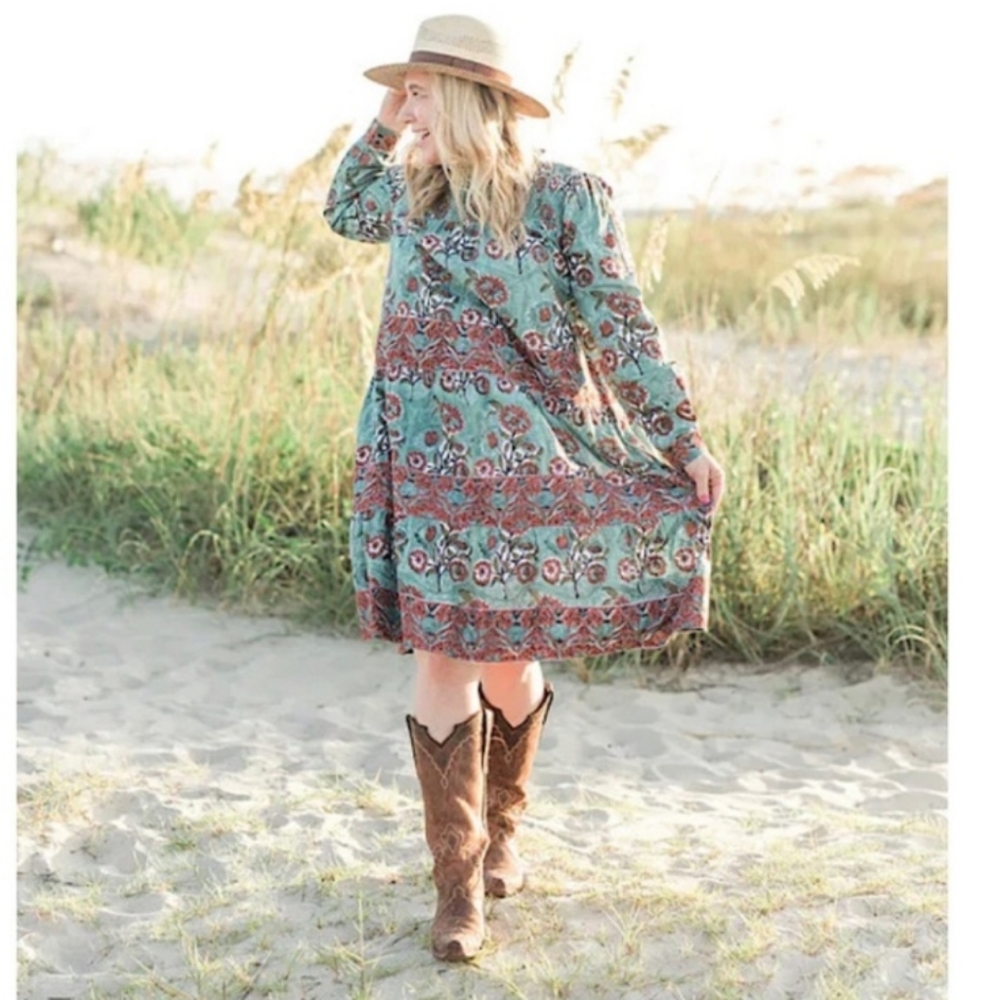 Victoria Dunn || Peony Dress Smocked Yoke in Burnt Sienna Floral Sz. Extra Large